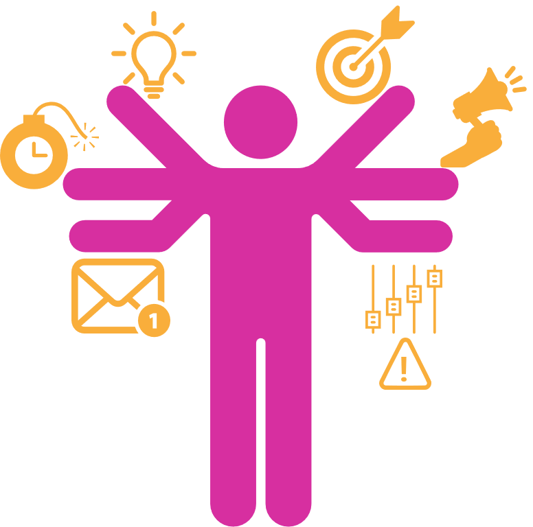 Persona rodeada de íconos que representan competencias evaluadas por APTHIX: creatividad, objetivos, comunicación, tiempo de respuesta y más.